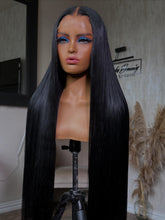 Load image into Gallery viewer, 7x7 Jet Black Bust Down wig angle view
